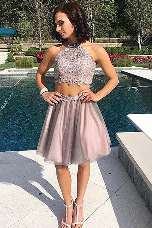 Two Piece Jewel Open Back Short Blush Sidney Homecoming Dresses Tulle Dresses Prom