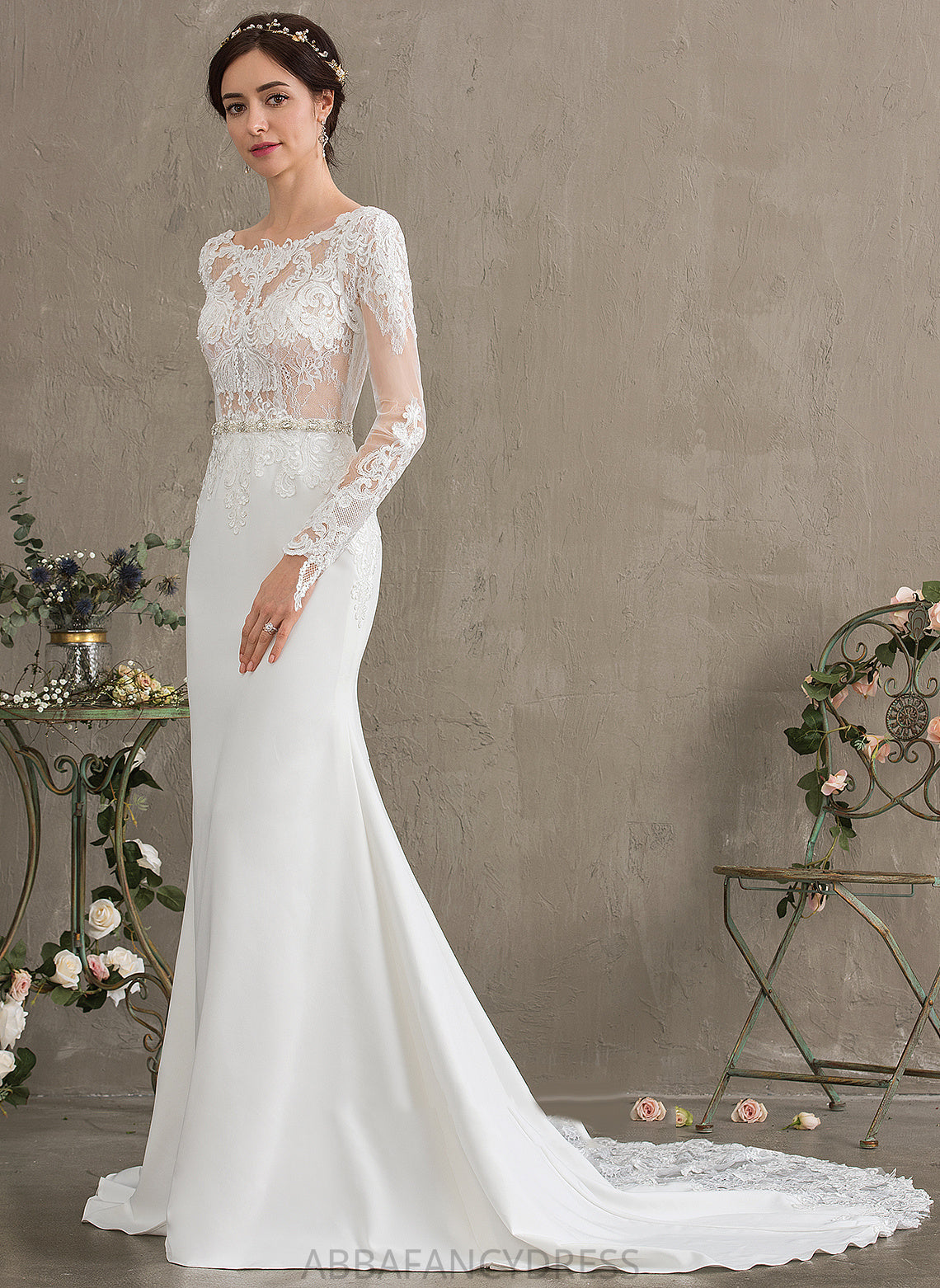 Stretch Chapel With Scoop Dress Wedding Dresses Lace Sequins Neck Wedding Train Crepe Shannon Trumpet/Mermaid Beading