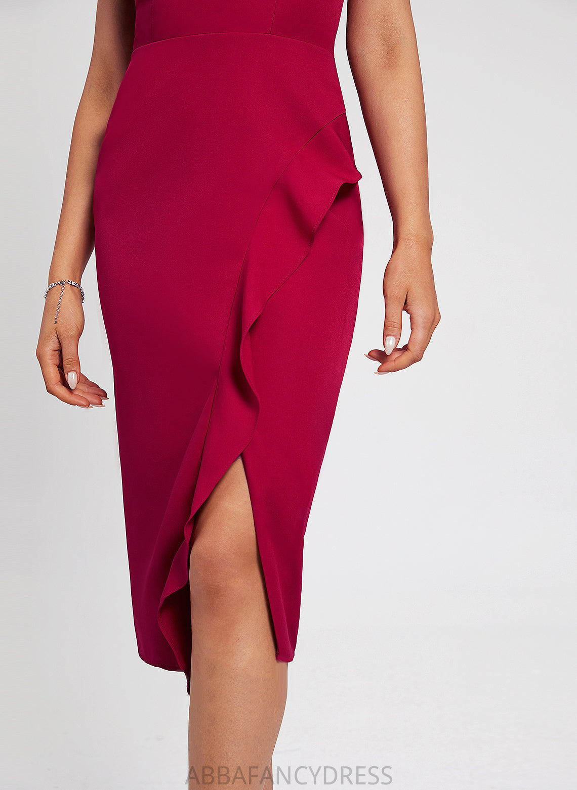 Ruffle Dress V-neck Crepe Aimee Knee-Length Split Bodycon Cocktail With Front Stretch Club Dresses