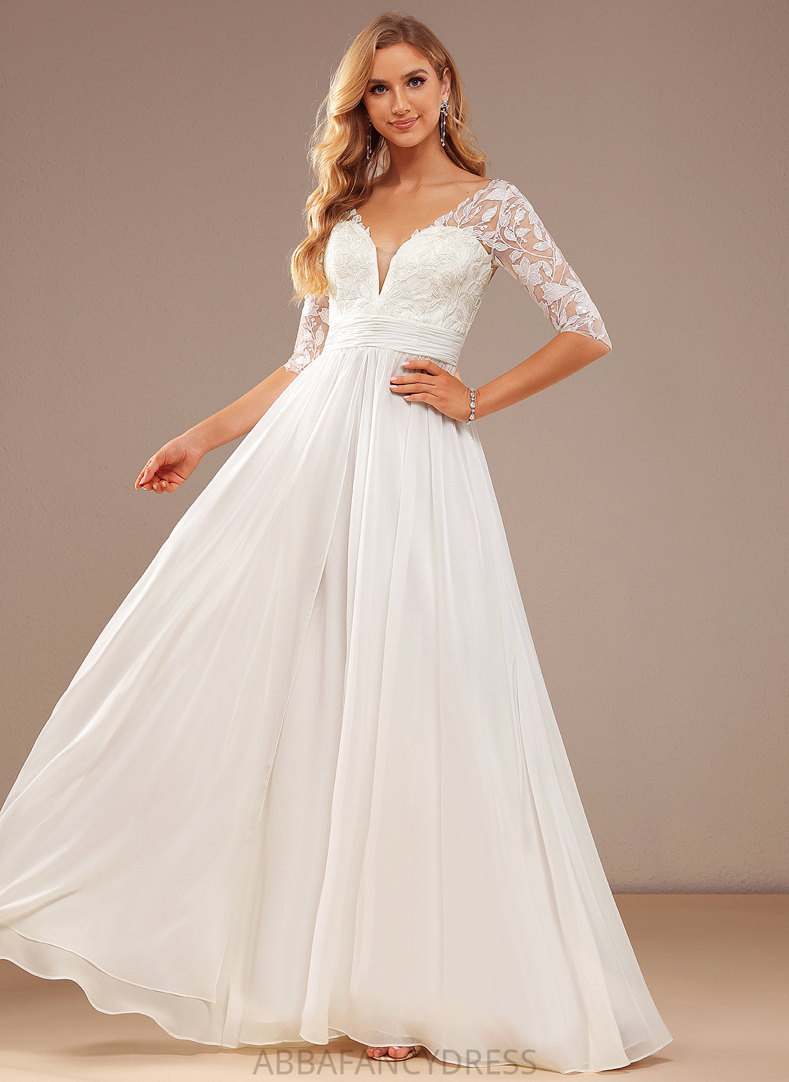 Sequins Lace Dress V-neck Wedding A-Line Chiffon With Ruffle Wedding Dresses Annie Floor-Length