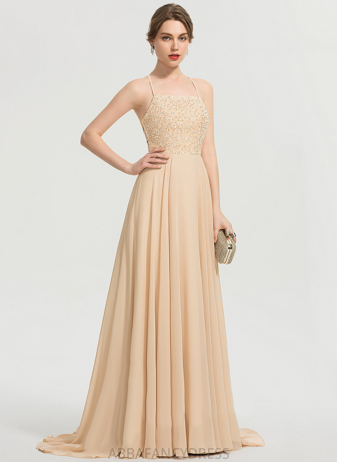 A-Line Beading Sequins Train Jennifer Square Chiffon Prom Dresses Sweep With