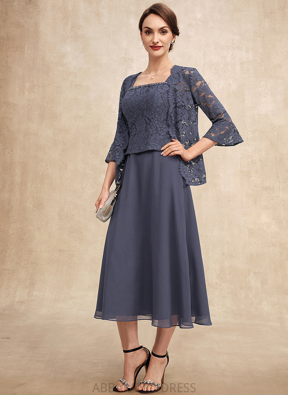 Lace A-Line Mother of the Bride Dresses Neckline Tea-Length Karlee Square the Bride Dress Beading Mother of With Chiffon