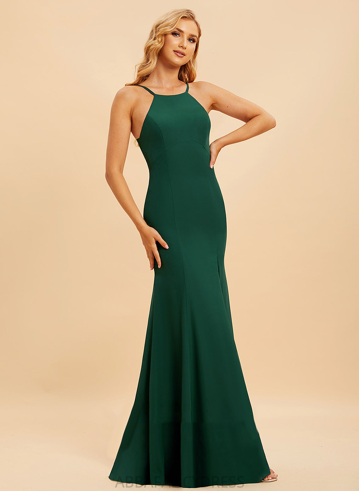 SplitFront Embellishment Floor-Length Fabric HighNeck Neckline Trumpet/Mermaid Length Silhouette Katherine Natural Waist V-Neck Bridesmaid Dresses