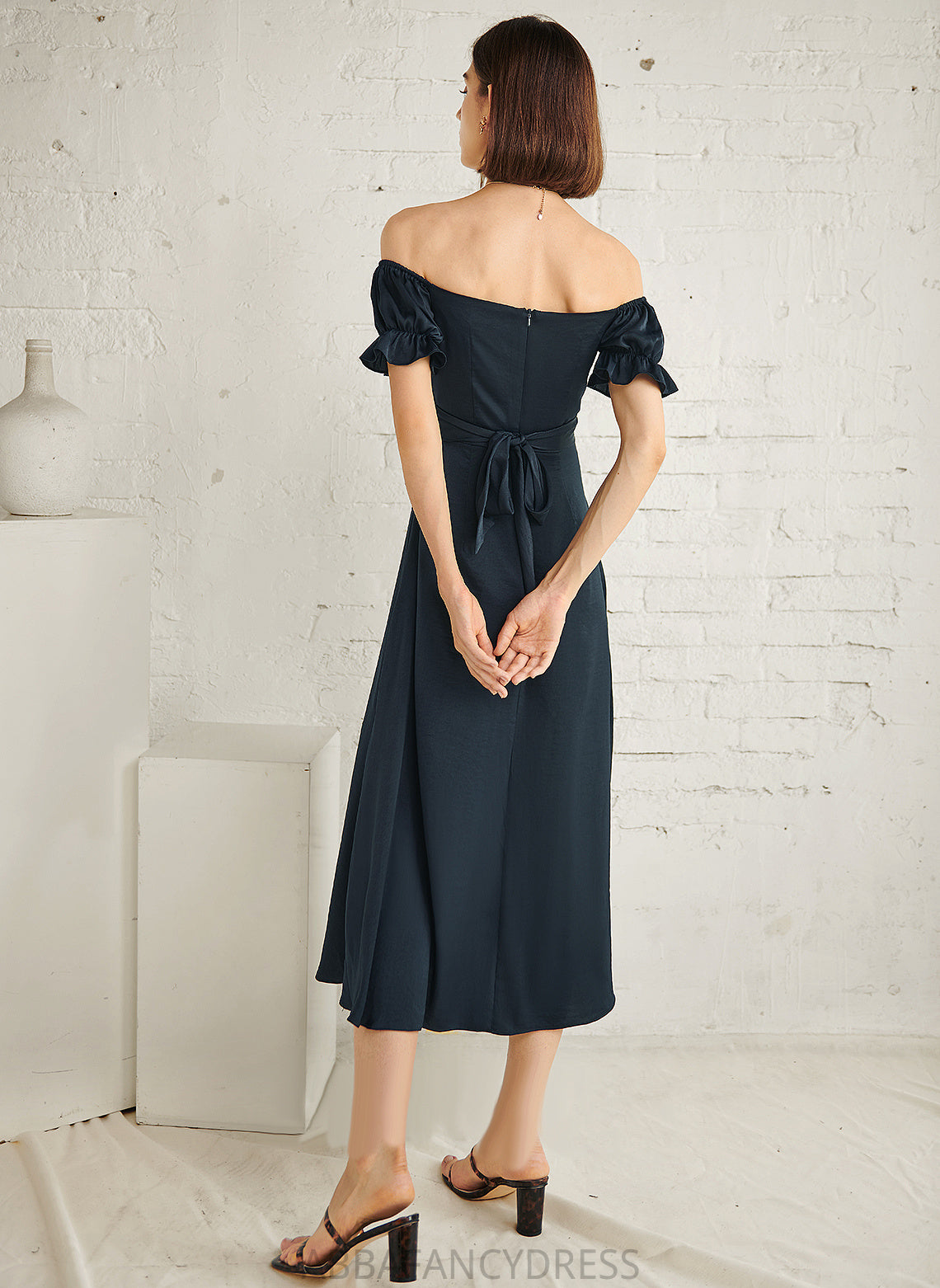 Cotton Dress Lauren Off-the-Shoulder Cocktail Dresses A-Line Cocktail Tea-Length Blends
