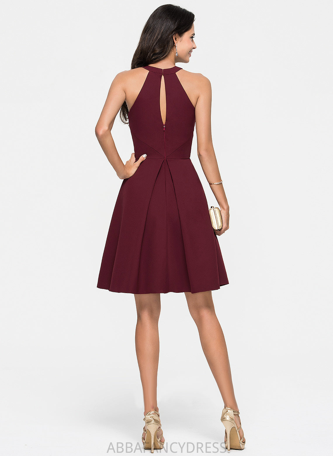 Stretch Crepe Scoop Cocktail A-Line Ruffle Neck Kamryn Dress Knee-Length With Cocktail Dresses