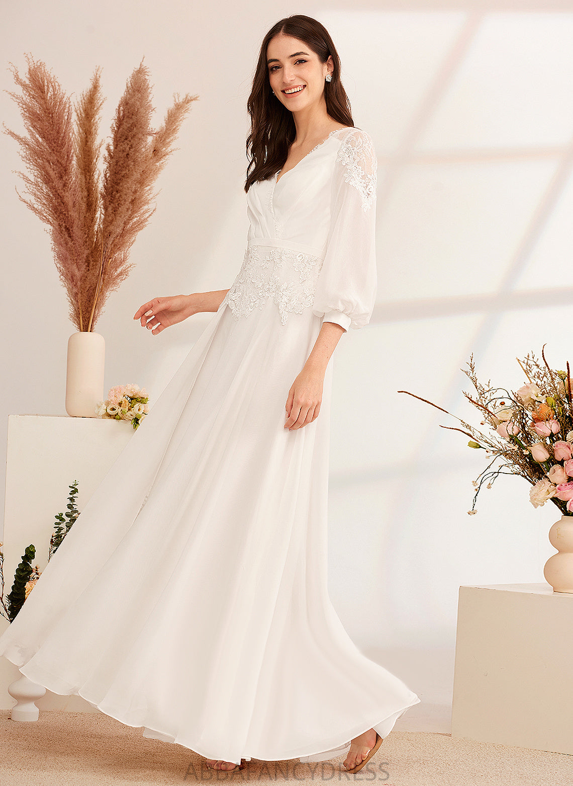 Chiffon Dress Wedding Dresses A-Line Wedding Floor-Length Savannah V-neck