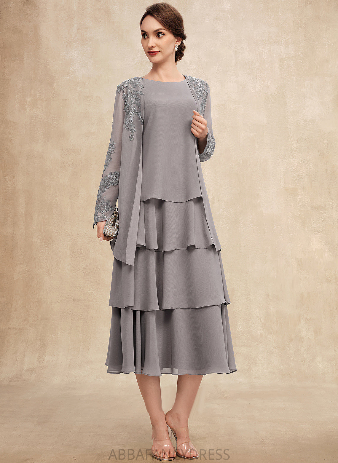 Neck Dress Bride Chiffon Mother of the Bride Dresses Ruffles Scoop Tea-Length With of the A-Line Cascading Jocelyn Mother