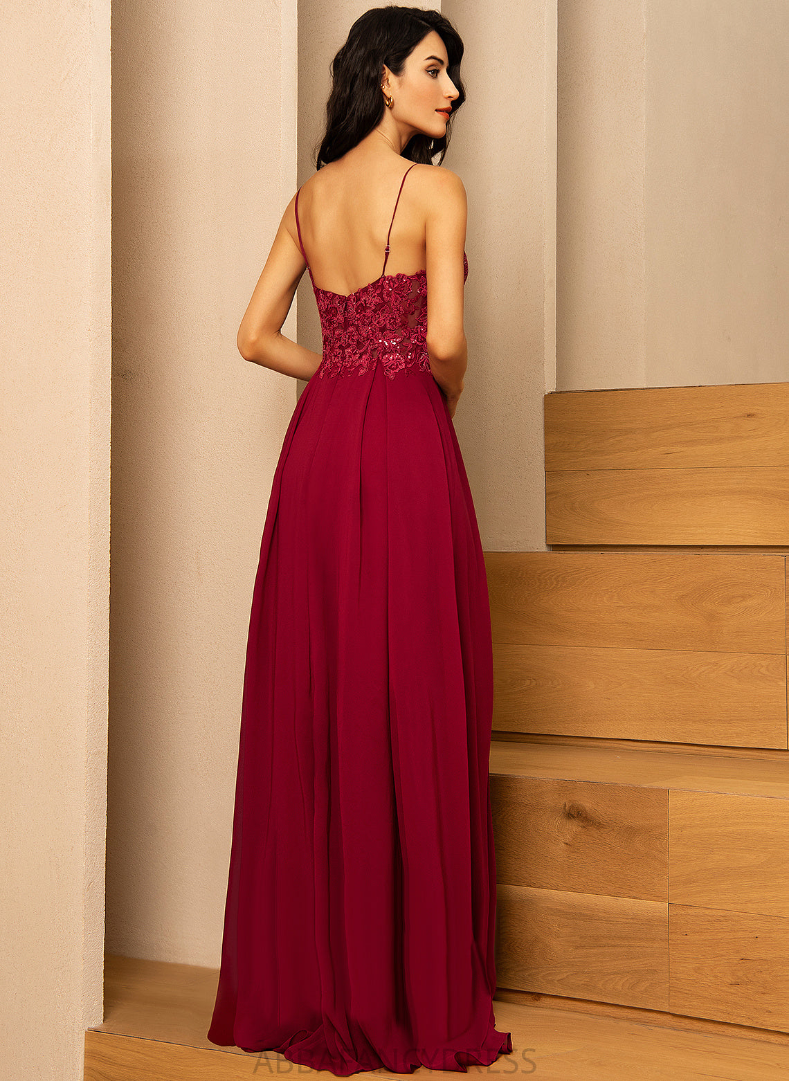 Sequins Lace Floor-Length Prom Dresses With V-neck Chiffon Sofia A-Line
