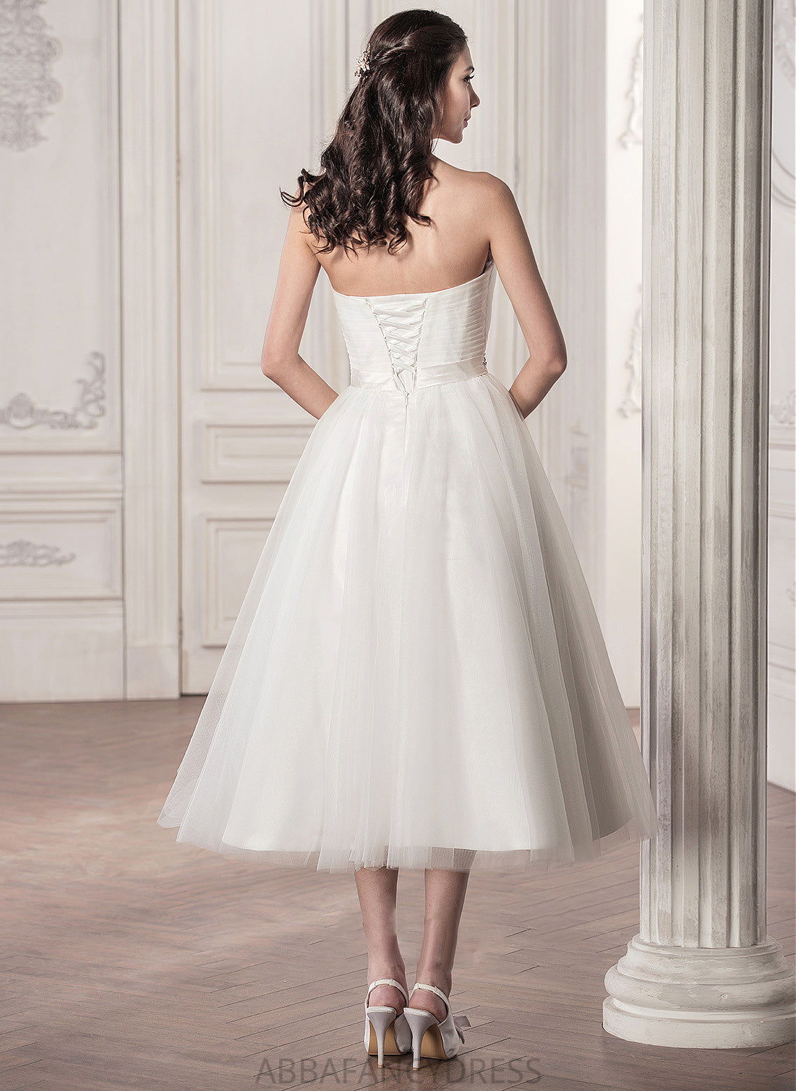 Ruffle Sequins Tea-Length Wedding With Dress Sweetheart Heather A-Line Tulle Wedding Dresses Beading