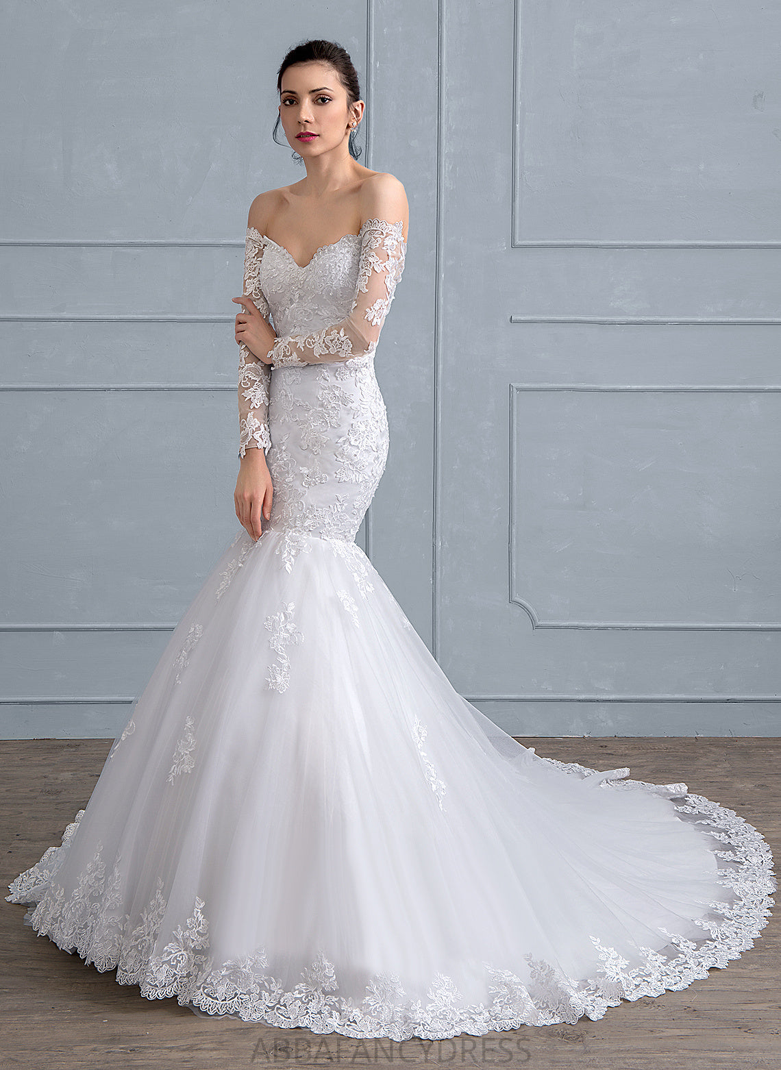 With Off-the-Shoulder Train Dress Selah Beading Lace Trumpet/Mermaid Court Wedding Wedding Dresses Tulle Sequins