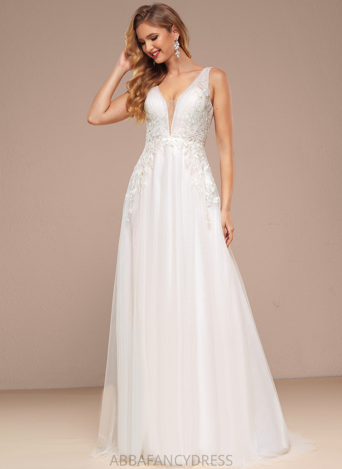 Dress Sequins A-Line Train V-neck Lace Sweep Tulle With Wedding Dresses Rhianna Wedding