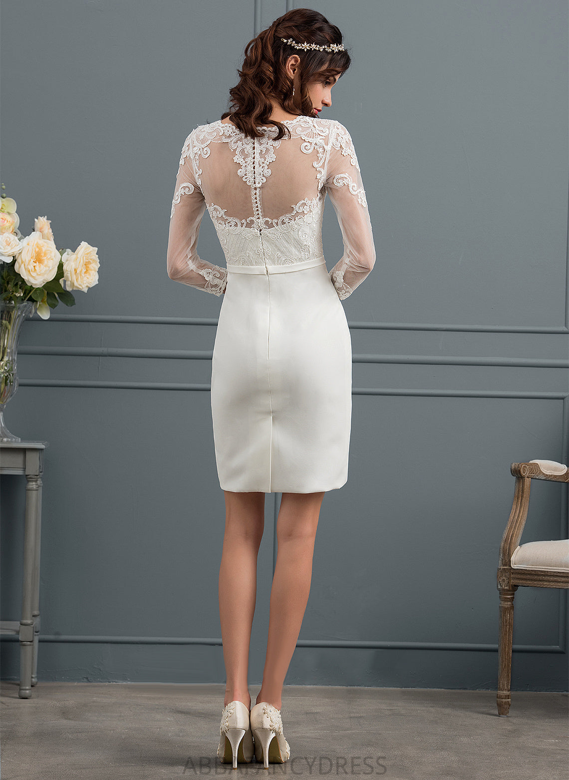 Lace Sheath/Column Knee-Length Dress Wedding Dresses Sequins Lilly Illusion With Wedding Bow(s)