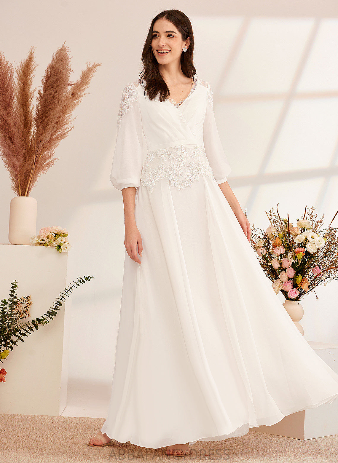 Chiffon Dress Wedding Dresses A-Line Wedding Floor-Length Savannah V-neck