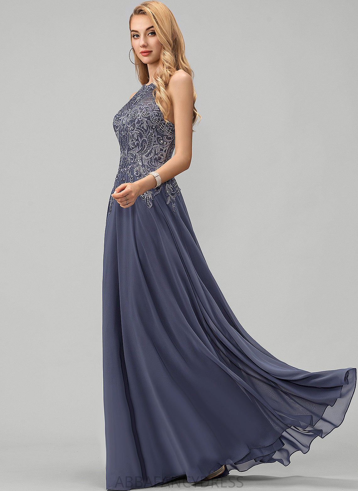 Helena Lace Scoop A-Line With Floor-Length Sequins Prom Dresses Chiffon