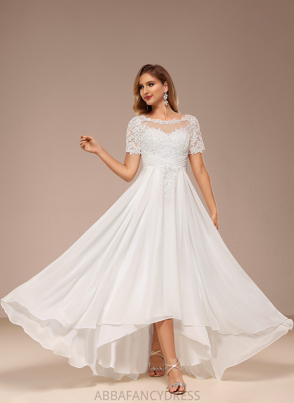 A-Line Wedding Boat Lace Jordyn Neck Chiffon Wedding Dresses Asymmetrical Dress