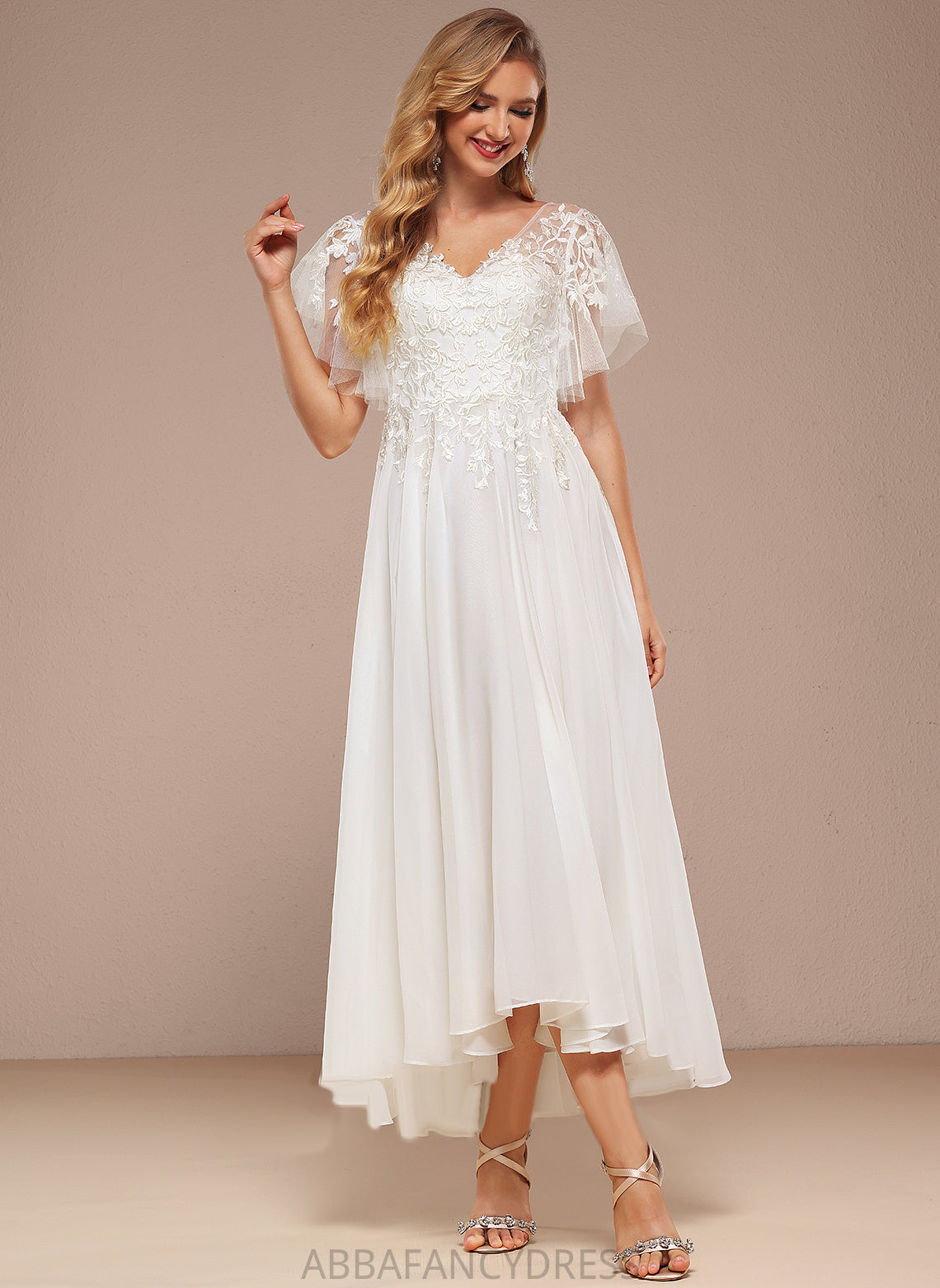 Lace Ruffle A-Line Dress Wedding Asymmetrical V-neck Wedding Dresses Chaya With Tulle