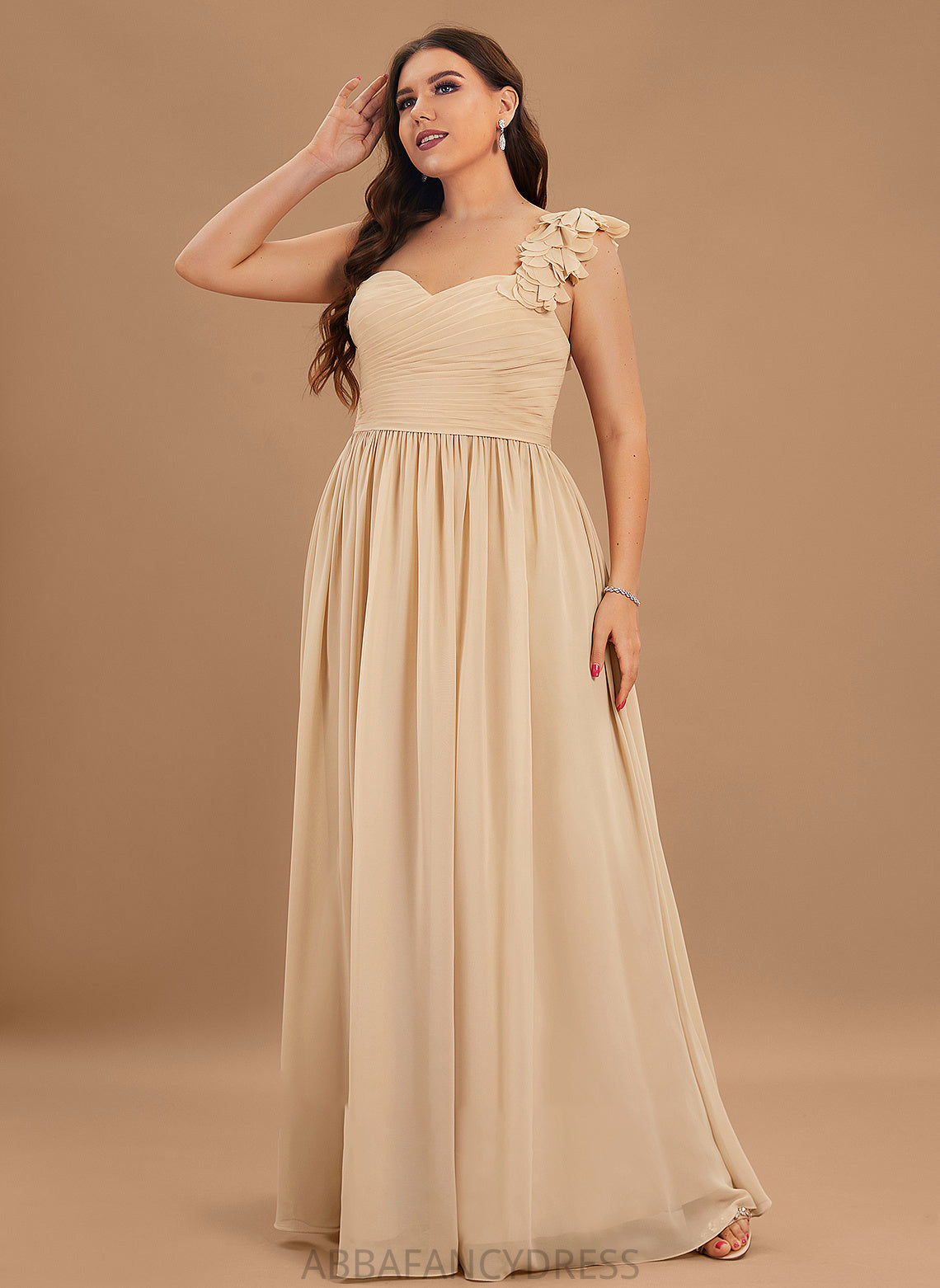 Flower(s) Ruffle A-Line Prom Dresses Floor-Length Frederica One-Shoulder With Chiffon