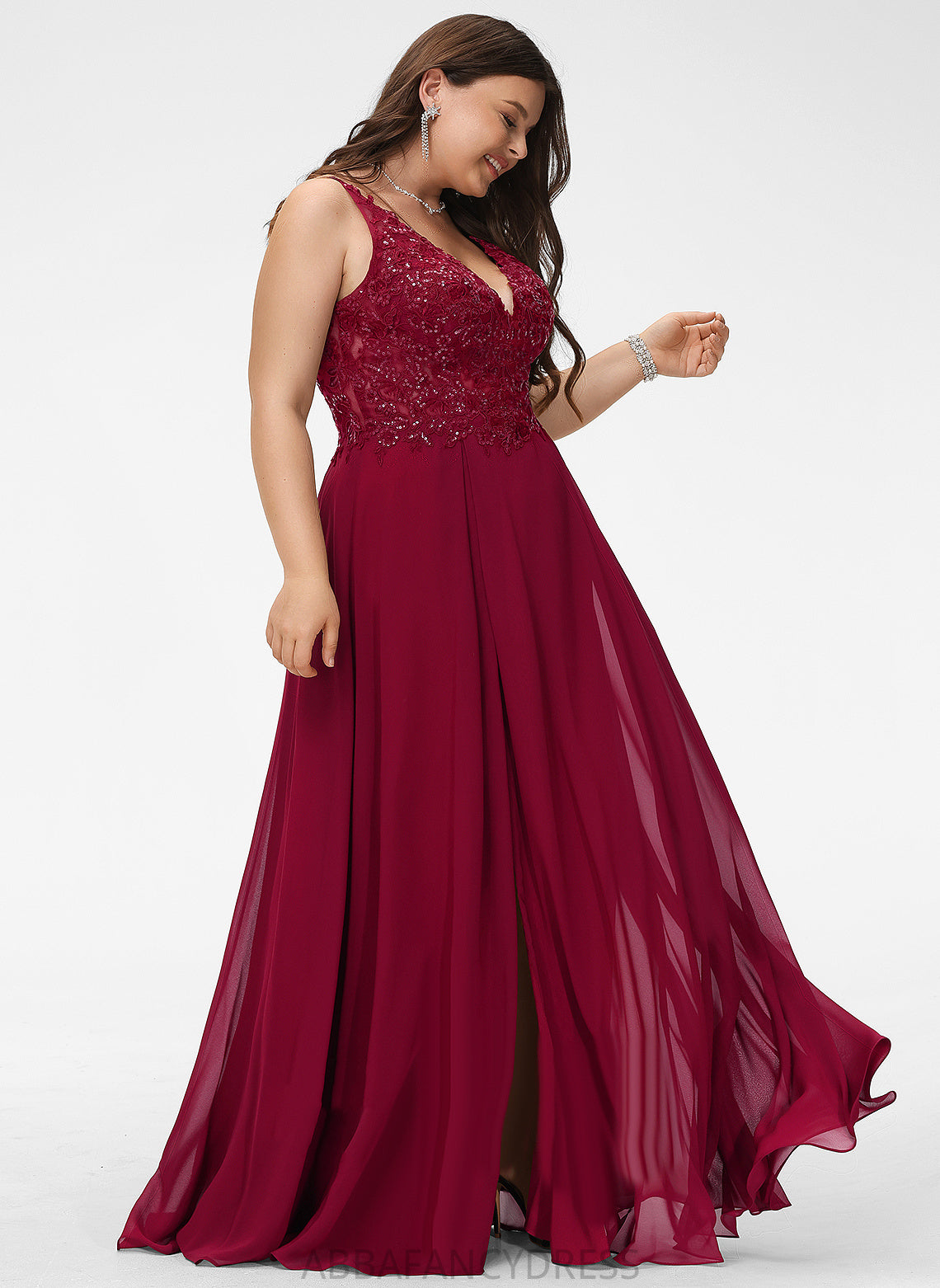 Sequins Lace Floor-Length Prom Dresses With V-neck Chiffon Sofia A-Line