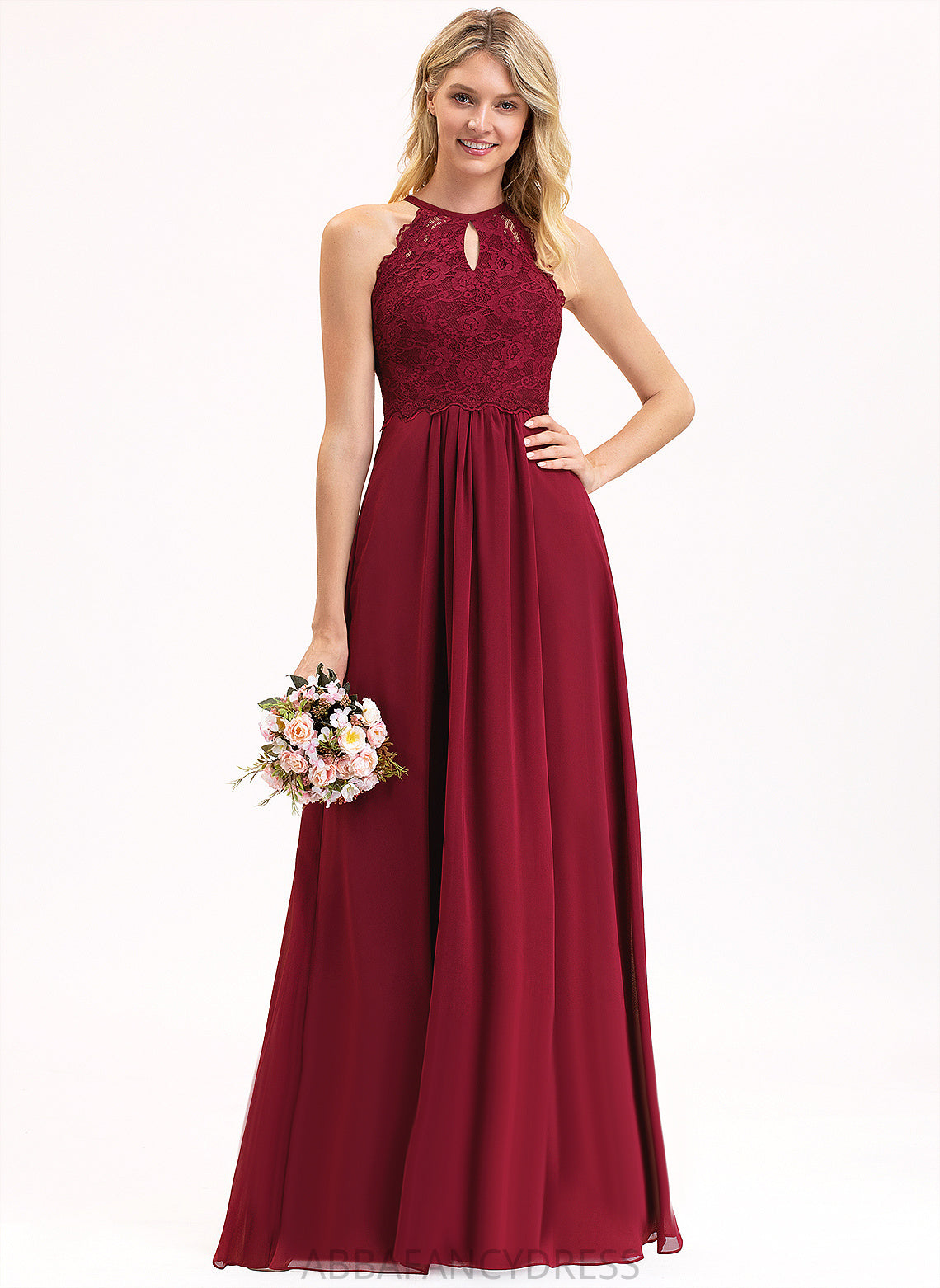 A-Line Scoop Lace Poll Floor-Length Chiffon Prom Dresses