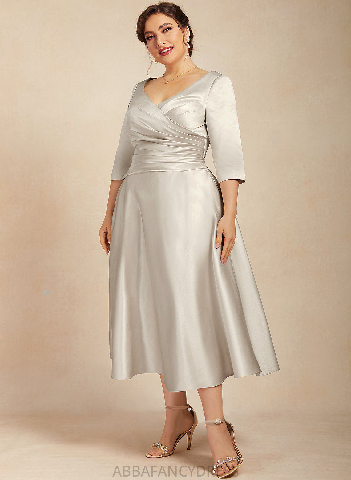 the Kenley Satin Mother Bride Tea-Length Ruffle Dress A-Line Mother of the Bride Dresses V-neck of With