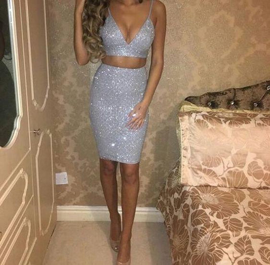 Homecoming Dresses Elise Two Pieces Silver Sparkly Elegant CD1277
