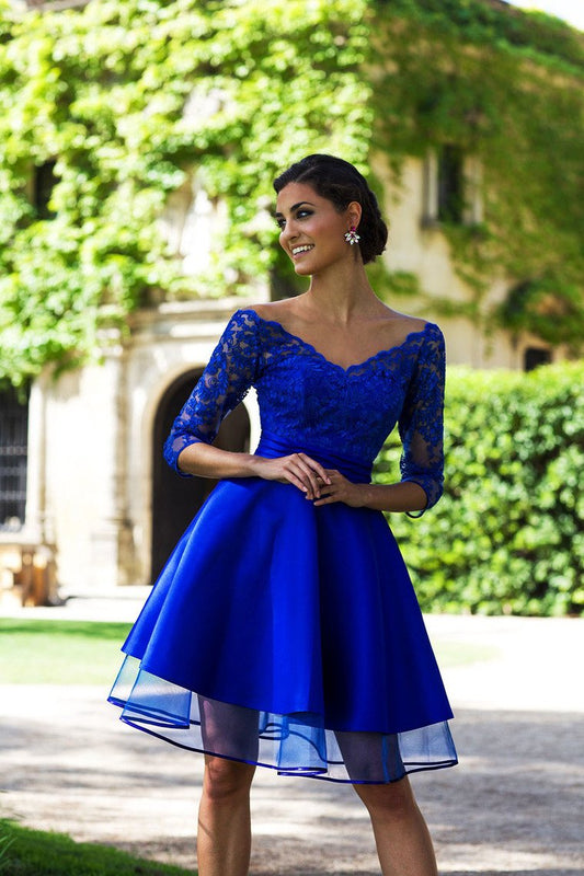 2024 A Line Homecoming Dresses Cynthia Satin V Neck 3/4 Length Sleeves With Applique Tulle & CD1502