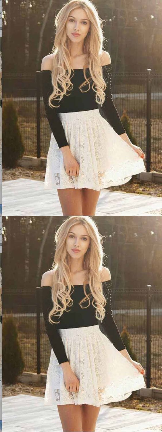 Homecoming Dresses Ivory Lace Alanna Two Piece Long Sleeves Short CD429