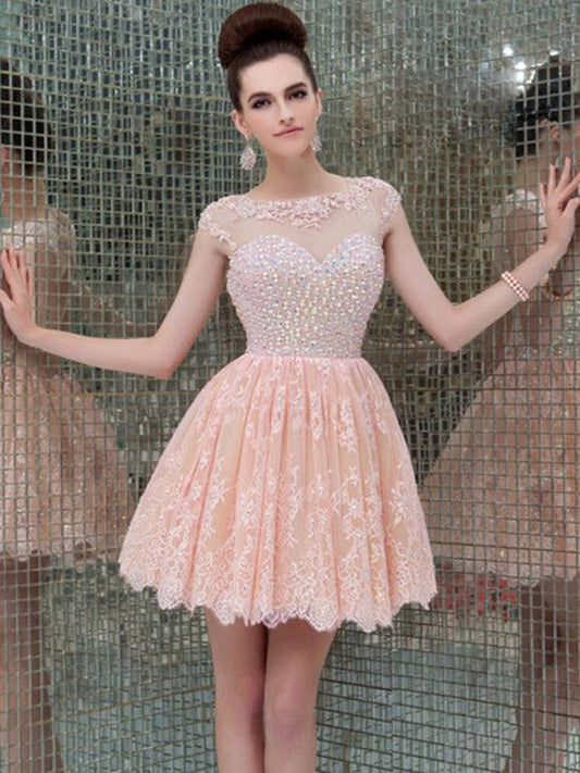 Moriah A-Line/Princess Sleeveless Homecoming Dresses Scoop Lace Beading Short/Mini Dresses