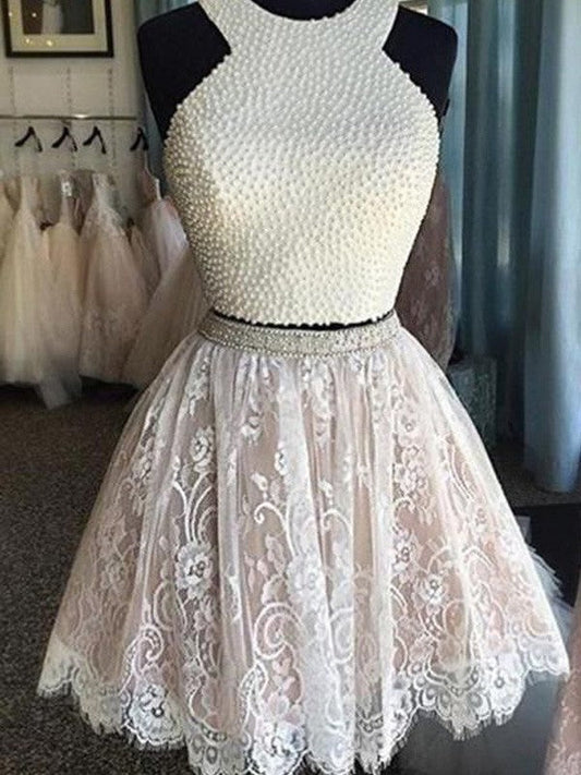 A-Line Princess Sleeveless Halter Pearls Homecoming Dresses Ali Lace Short Two Piece